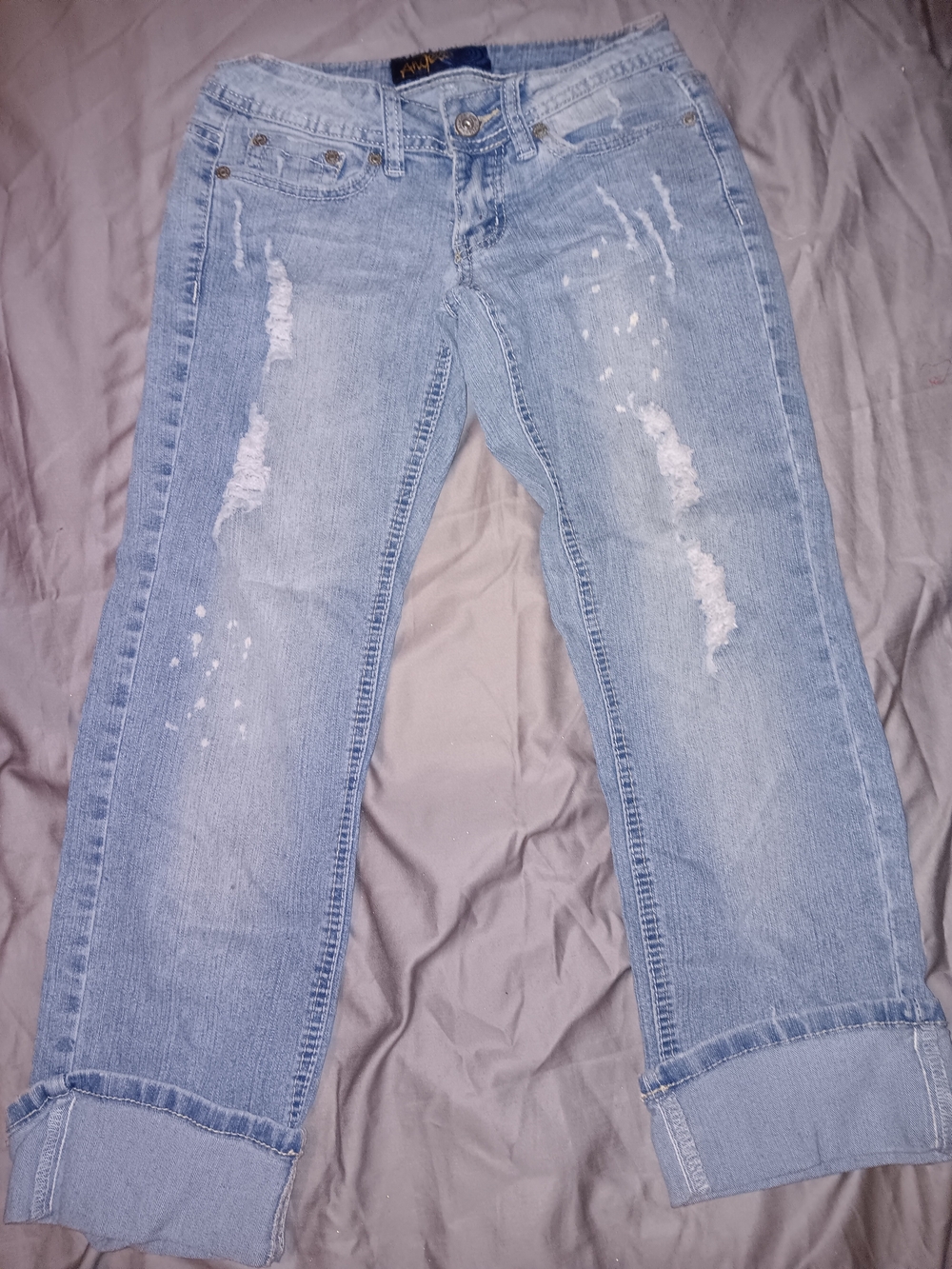Light Blue Distressed Capri  with Rolled Hem